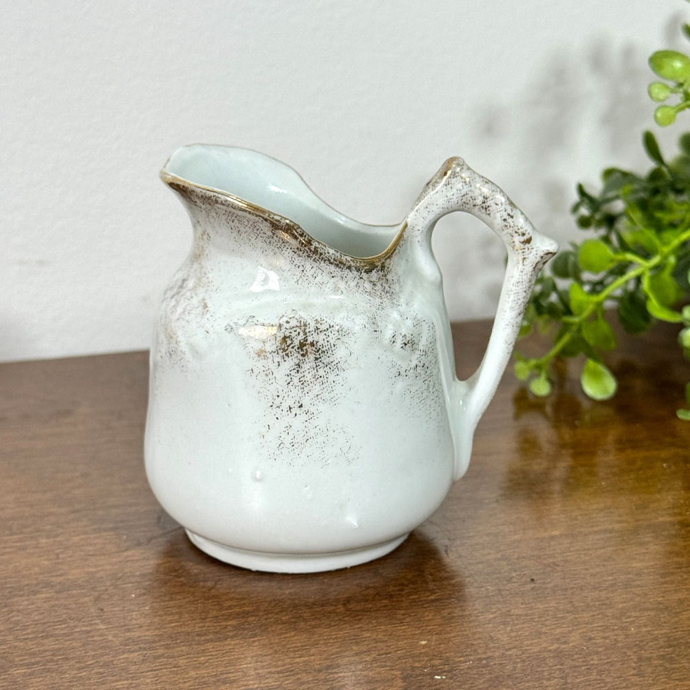Vintage 3 inch White Pitcher Creamer Brown Gold Splatter Glaze Rustic Farmhouse